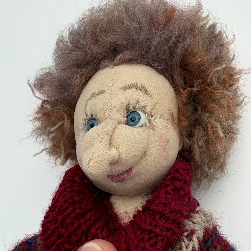 Handcrafted Plush Doll with Knitted Burgundy Sweater